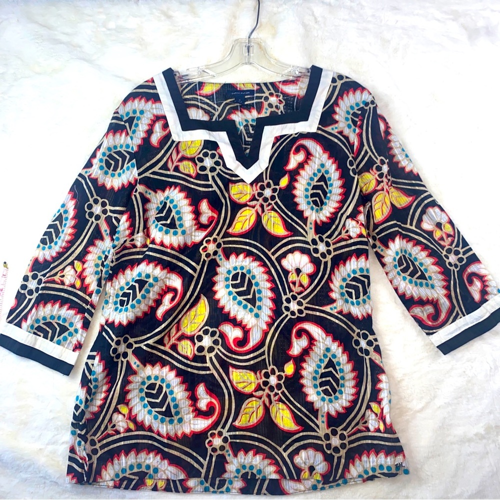 TOMMY HILFIGER Black Floral Print Cotton Tunic Top Spring, Summer, Breathable